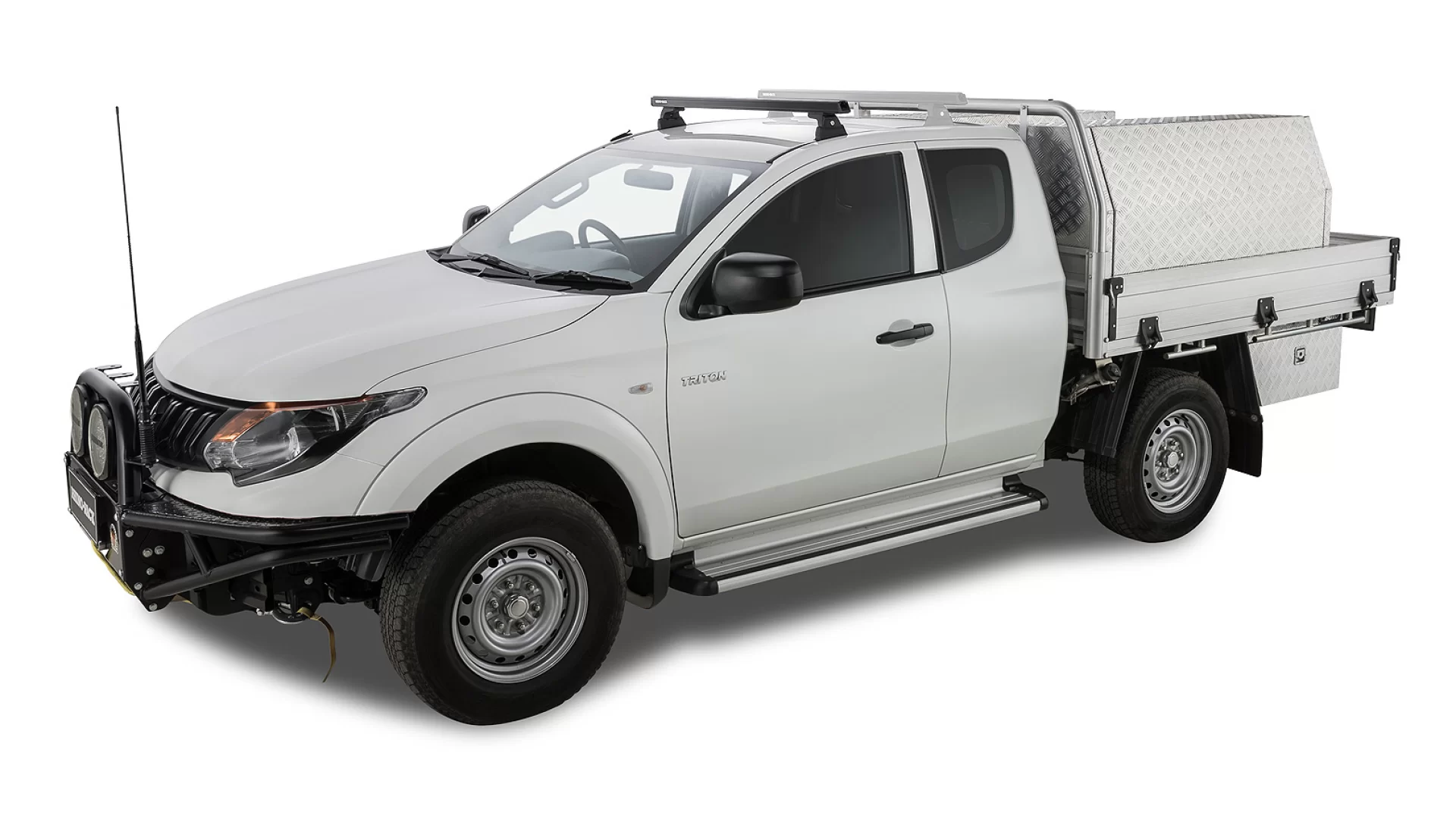 Rhino Rack JA8808 Heavy Duty RLT600 Ditch Mount Black 1 Bar Roof Rack (Front) for Mitsubishi Triton MQ-MR Extra Cab Ute with Bare Roof (2015 onwards) - Factory Point Mount